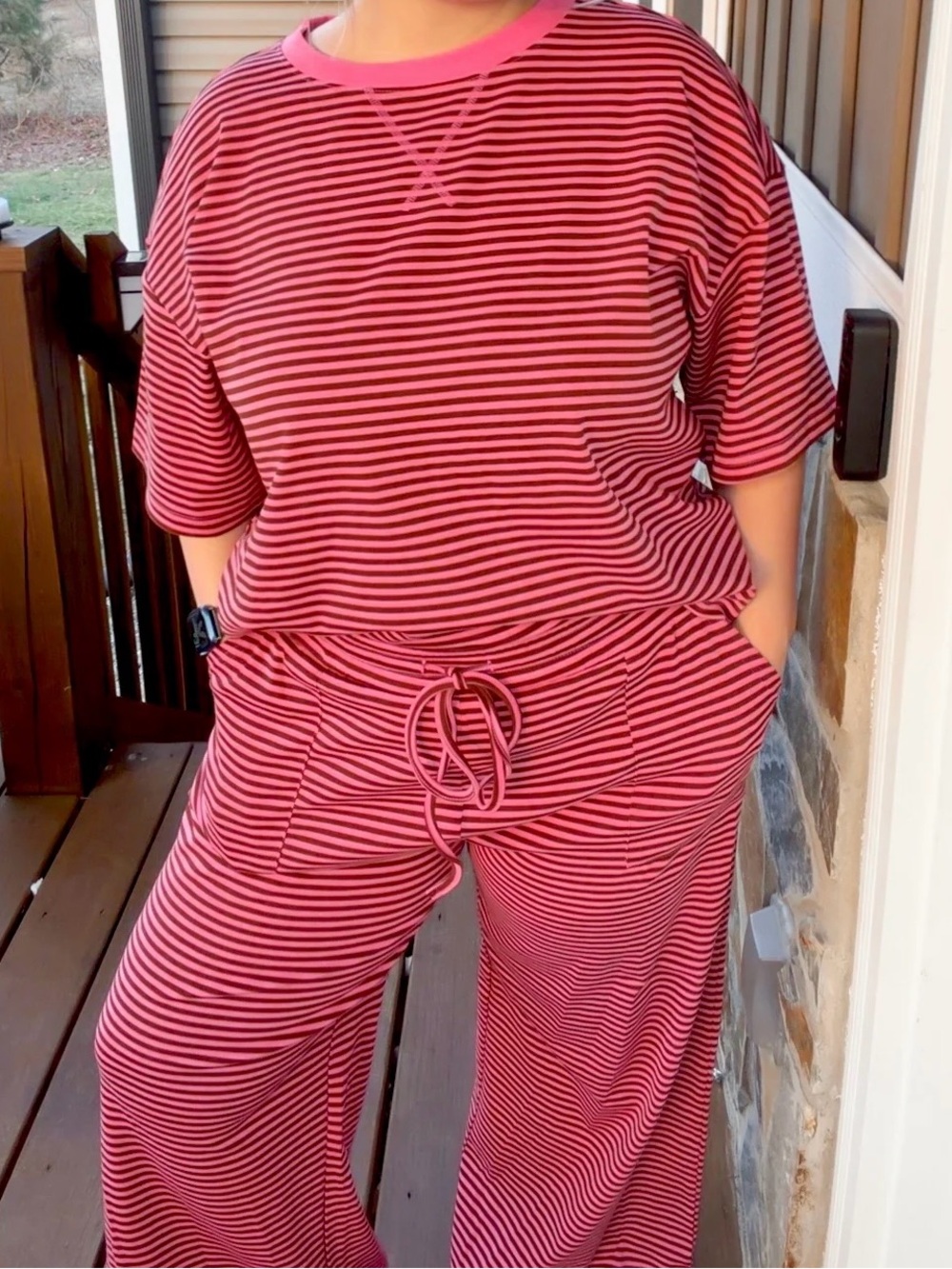Pink & brown Striped Two-Piece Loungewear Set